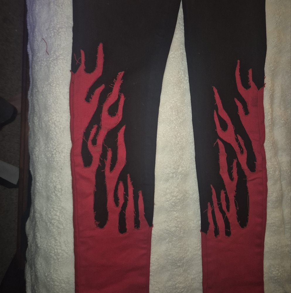 Men's Black and Red Flame Skinny Jeans